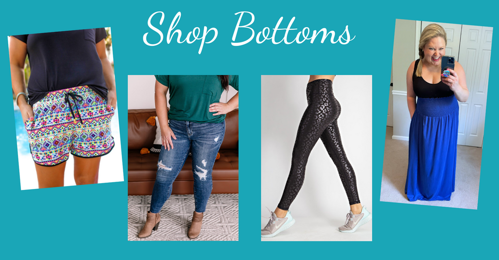 Shop Bottoms with Villari Chic Boutique | Featured is 4 collage images of women showcasing bottoms, shorts, skirts and denim | Villari Chic Boutique is an online women's fashion boutique located in Severna, Maryland