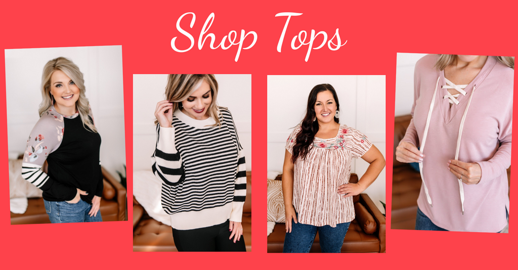 Shop Tops with Villari Chic Boutique | Featured is 4 collage images of women showcasing various top styles | Villari Chic Boutique is an online women's fashion boutique located in Severna, Maryland