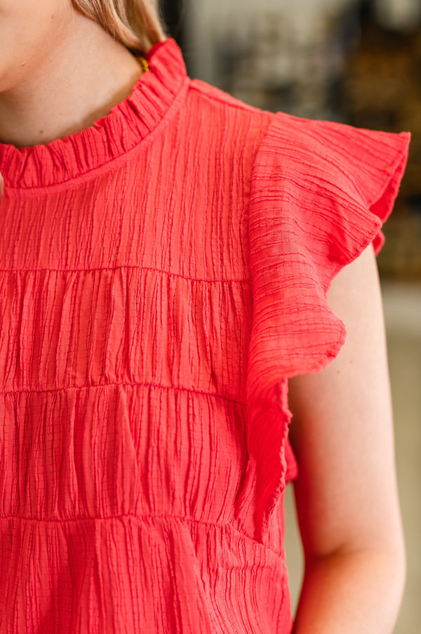 Float This Way Flutter Sleeve Blouse in Coral-Womens-Villari Chic, women's online fashion boutique in Severna, Maryland
