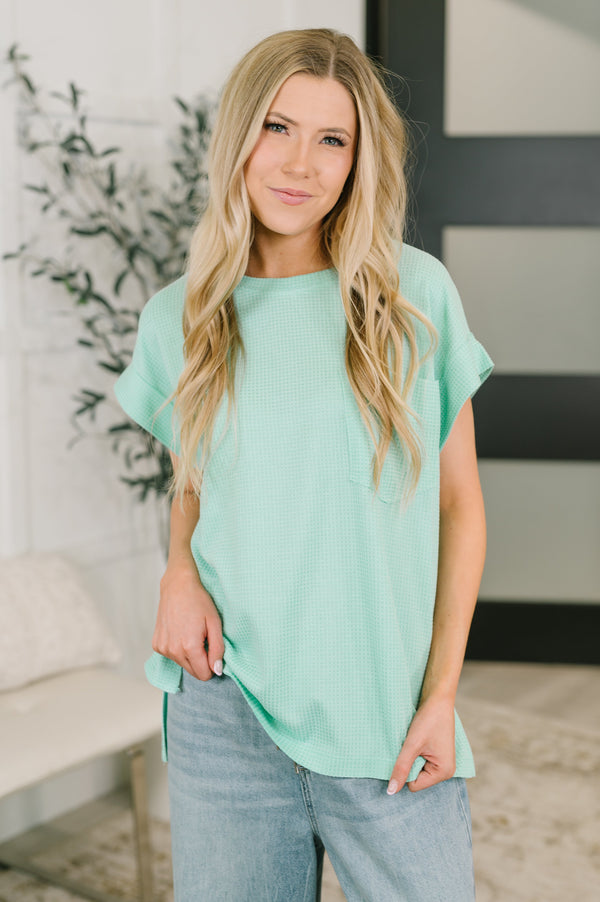 Foundation First Waffle Knit Relaxed Tee in Mint-Womens-Villari Chic, women's online fashion boutique in Severna, Maryland