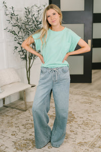 Foundation First Waffle Knit Relaxed Tee in Mint-Womens-Villari Chic, women's online fashion boutique in Severna, Maryland