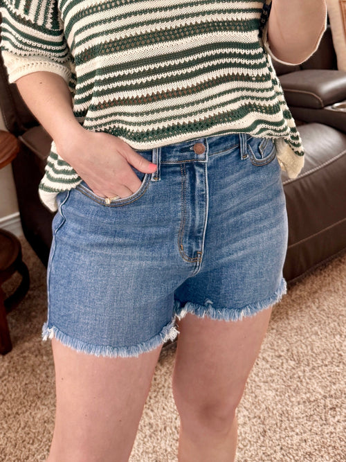 Judy Blue Frayed Hem Dark Wash Slim Shorts-Villari Chic, women's online fashion boutique in Severna, Maryland