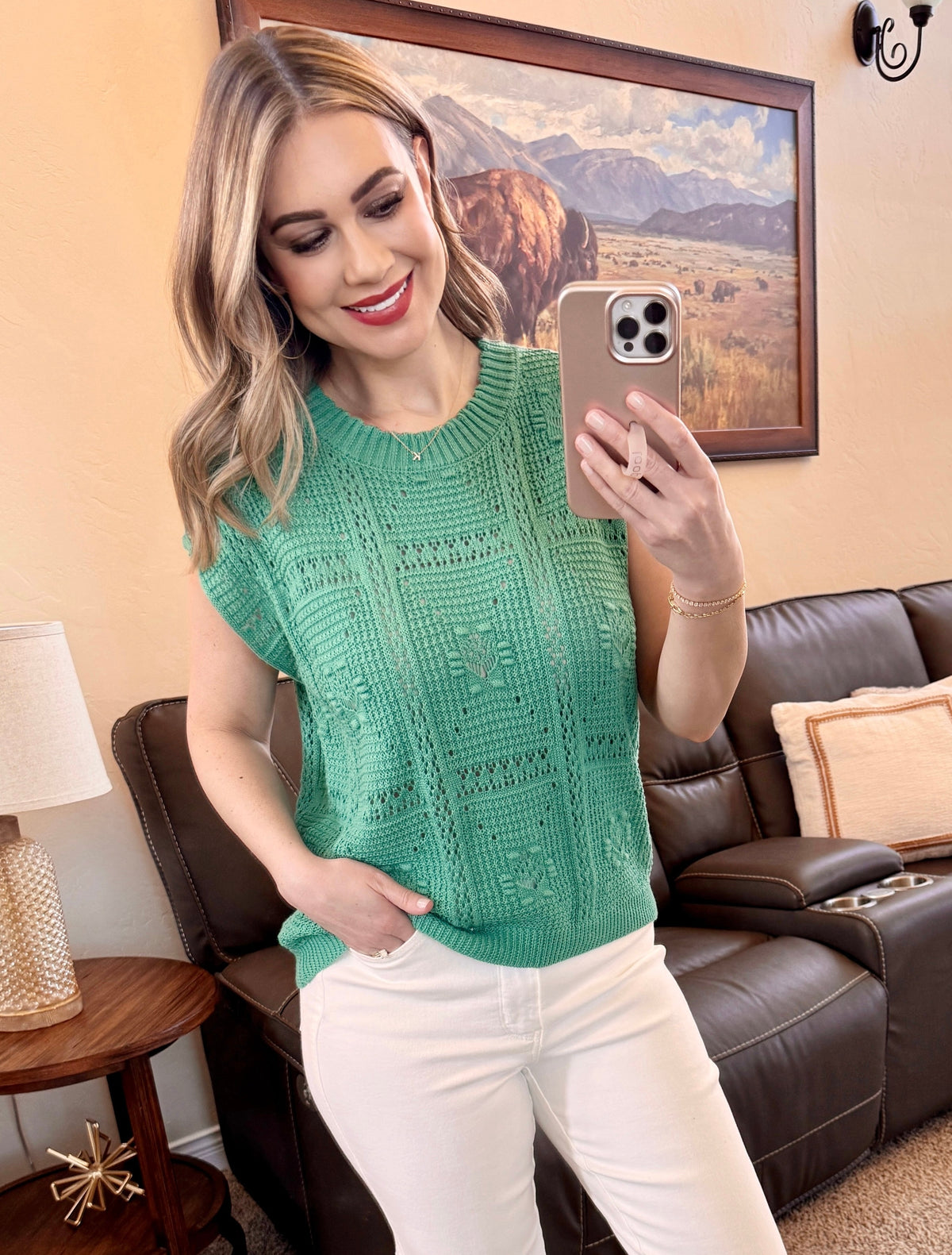 Short Sleeve Crochet Sweater In Emerald-Villari Chic, women's online fashion boutique in Severna, Maryland