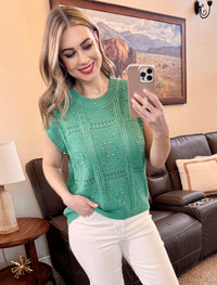Short Sleeve Crochet Sweater In Emerald-Villari Chic, women's online fashion boutique in Severna, Maryland