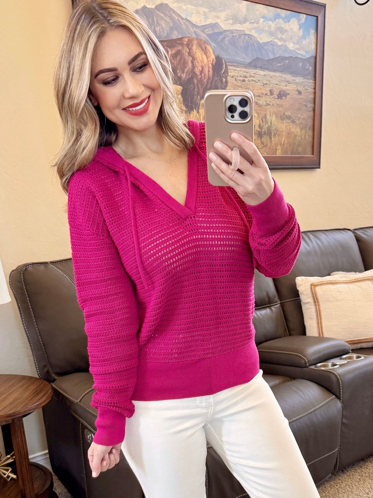 Crochet Knit Hoodie In Magenta-Villari Chic, women's online fashion boutique in Severna, Maryland