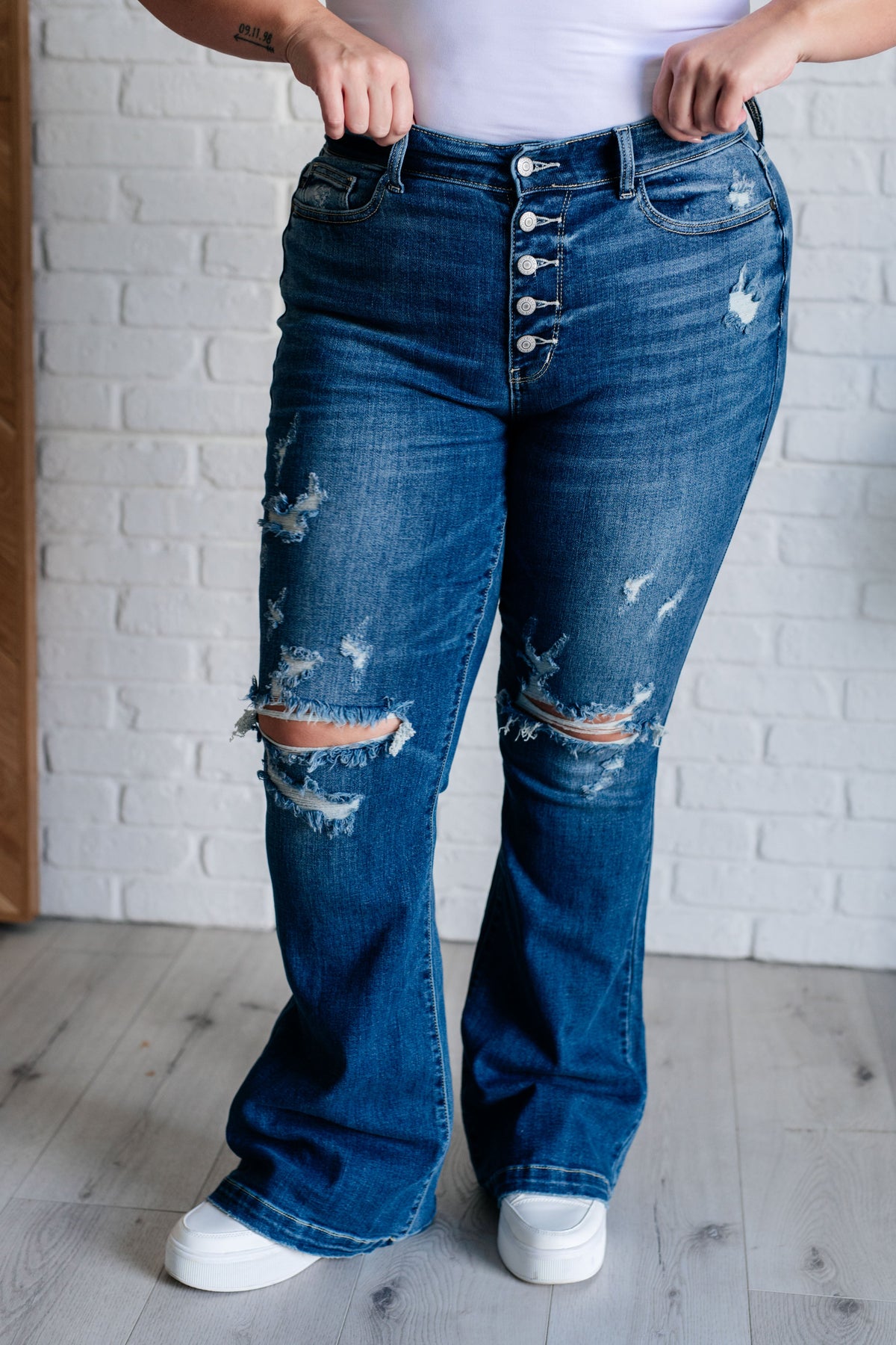 Judy Blue Mid Rise Distressed Button Fly Flare-Womens-Villari Chic, women's online fashion boutique in Severna, Maryland