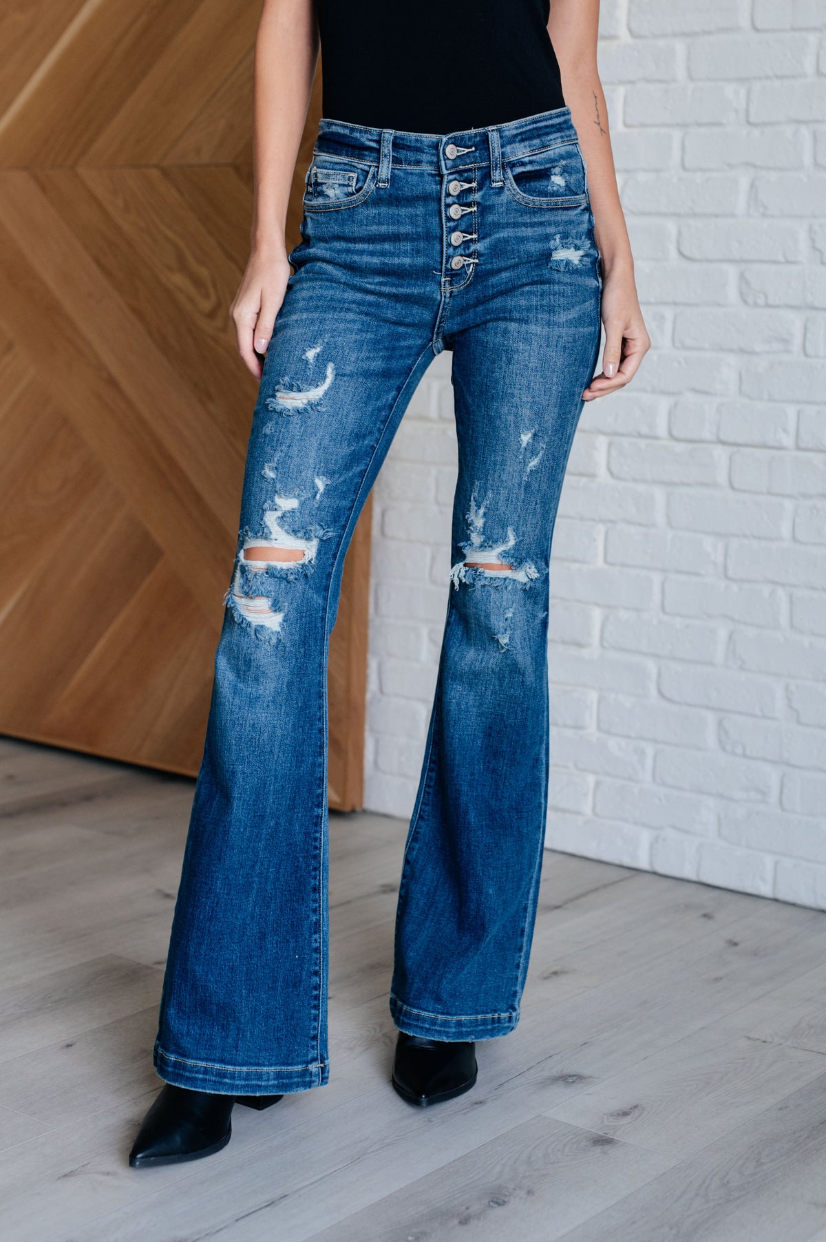 Judy Blue Mid Rise Distressed Button Fly Flare-Womens-Villari Chic, women's online fashion boutique in Severna, Maryland