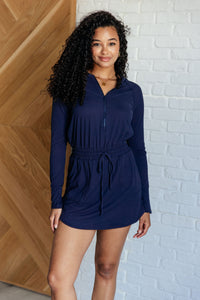 Getting Out Long Sleeve Hoodie Romper in Navy-Jumpsuits & Rompers-Villari Chic, women's online fashion boutique in Severna, Maryland