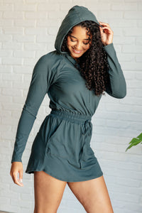 Getting Out Long Sleeve Hoodie Romper in Smoked Spruce-Jumpsuits & Rompers-Villari Chic, women's online fashion boutique in Severna, Maryland