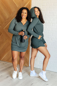 Getting Out Long Sleeve Hoodie Romper in Smoked Spruce-Jumpsuits & Rompers-Villari Chic, women's online fashion boutique in Severna, Maryland