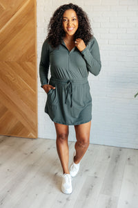 Getting Out Long Sleeve Hoodie Romper in Smoked Spruce-Jumpsuits & Rompers-Villari Chic, women's online fashion boutique in Severna, Maryland