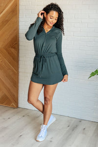 Getting Out Long Sleeve Hoodie Romper in Smoked Spruce-Jumpsuits & Rompers-Villari Chic, women's online fashion boutique in Severna, Maryland