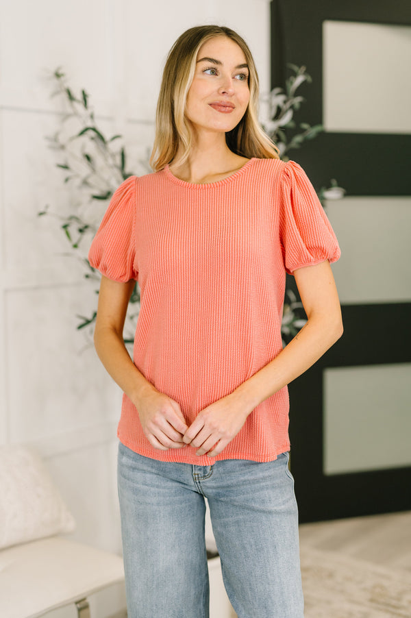 Grace & Virtue Balloon Sleeve Blouse in Coral-Womens-Villari Chic, women's online fashion boutique in Severna, Maryland
