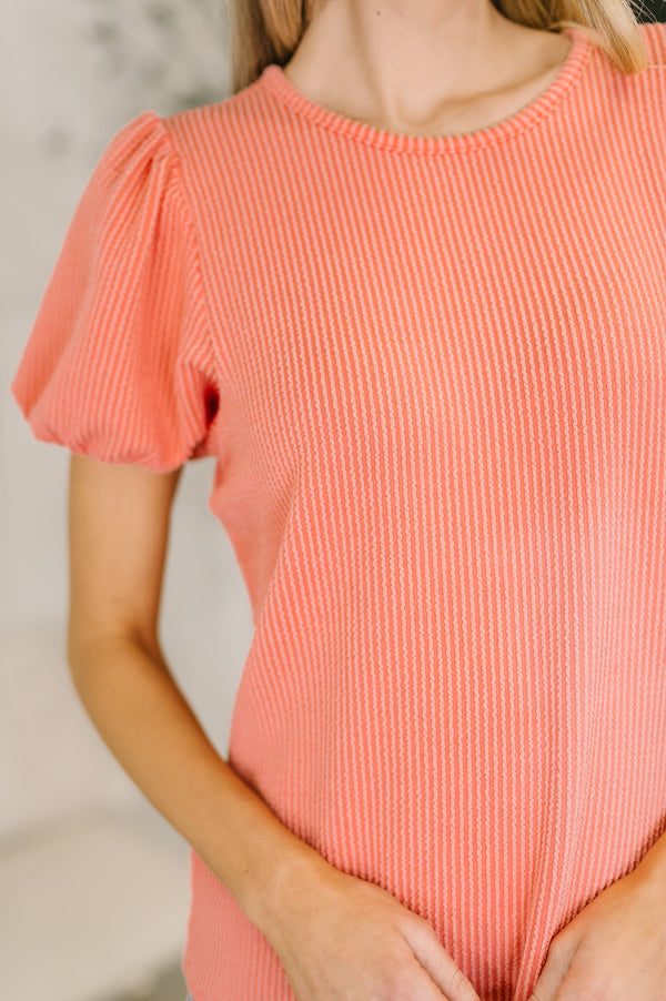 Grace & Virtue Balloon Sleeve Blouse in Coral-Womens-Villari Chic, women's online fashion boutique in Severna, Maryland