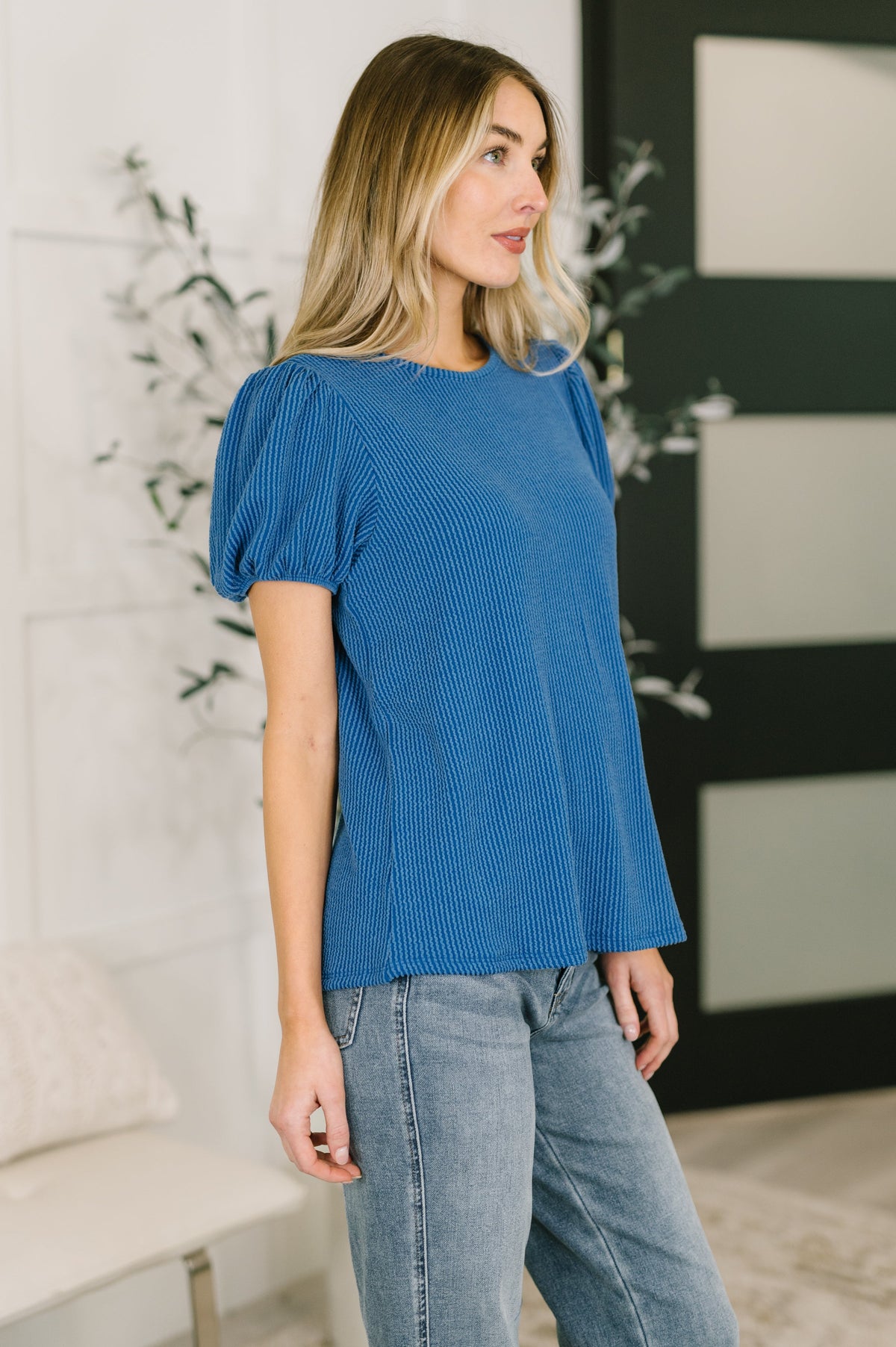 Grace & Virtue Balloon Sleeve Blouse in Ocean Blue-Womens-Villari Chic, women's online fashion boutique in Severna, Maryland