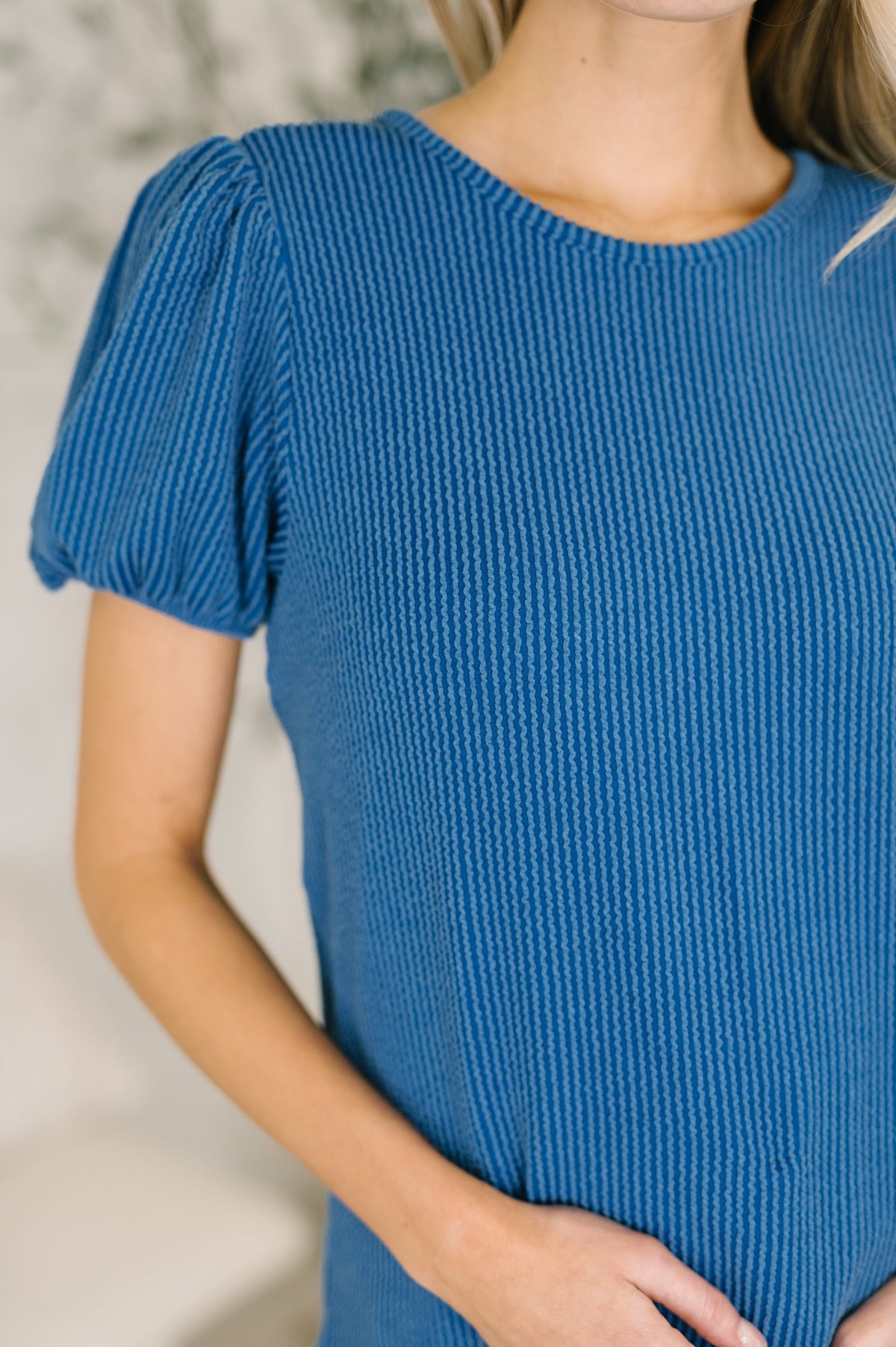 Grace & Virtue Balloon Sleeve Blouse in Ocean Blue-Womens-Villari Chic, women's online fashion boutique in Severna, Maryland