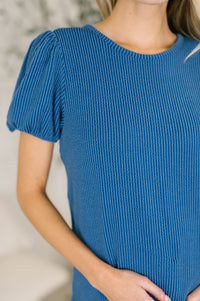Grace & Virtue Balloon Sleeve Blouse in Ocean Blue-Womens-Villari Chic, women's online fashion boutique in Severna, Maryland