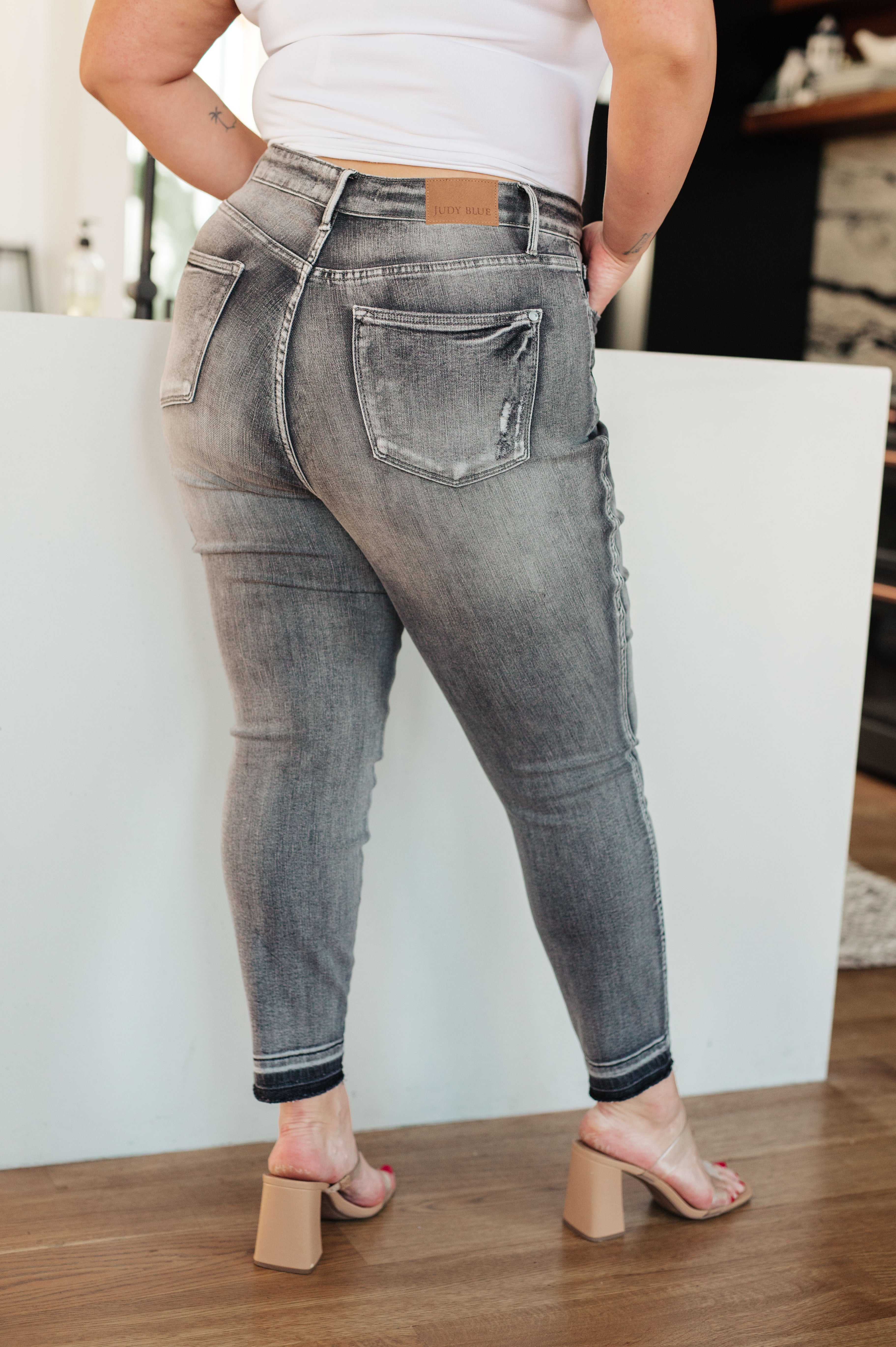 Judy Blue 50 Shades of Grey High Rise Grey Wash Tummy Control Skinny Jeans  With Release Hem