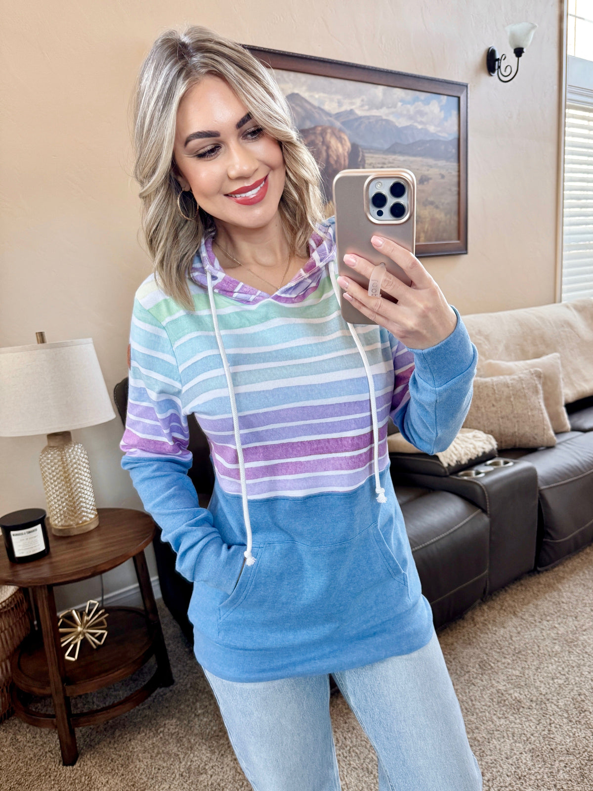 Hailey Pullover Hoodie - Rainbow Stripes and Blue-Hoodie-Villari Chic, women's online fashion boutique in Severna, Maryland
