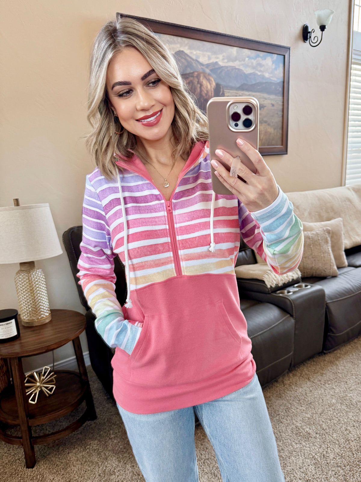 Classic Halfzip Hoodie - Rainbow Stripes and Sun Kissed Coral-Hoodie-Villari Chic, women's online fashion boutique in Severna, Maryland