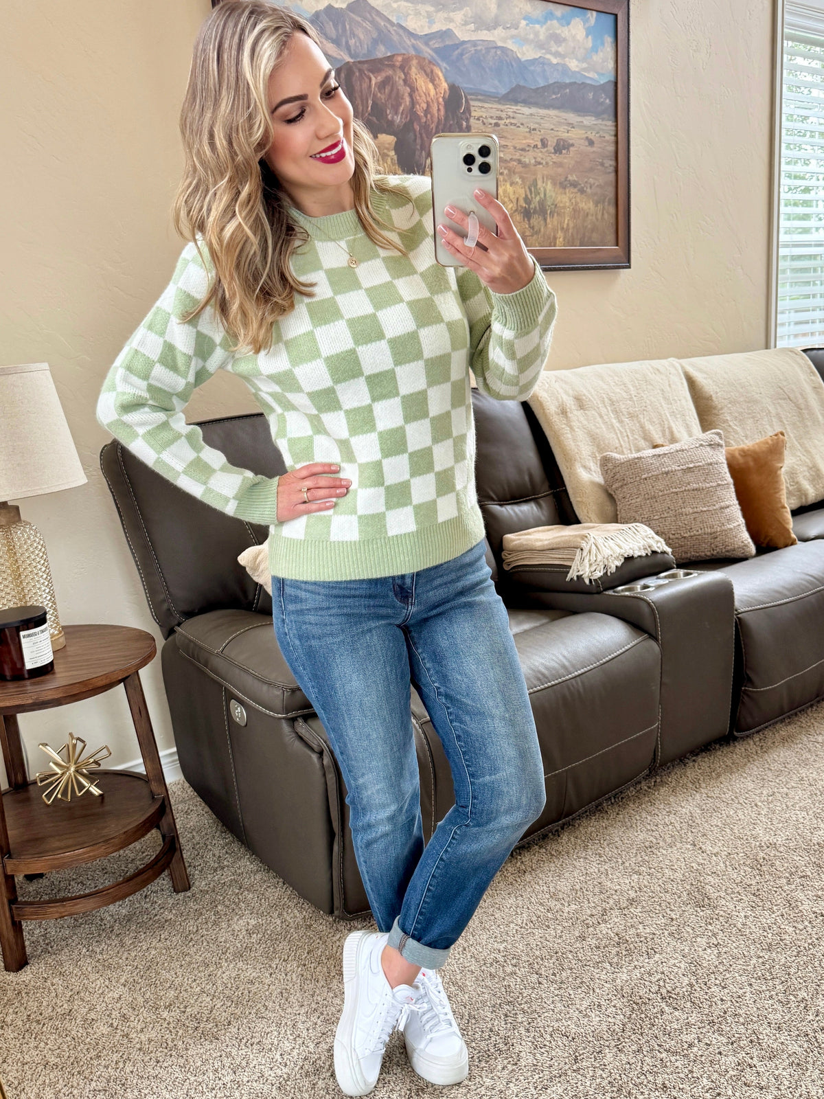 Checkered Sweater - Sage and White-Sweater-Villari Chic, women's online fashion boutique in Severna, Maryland