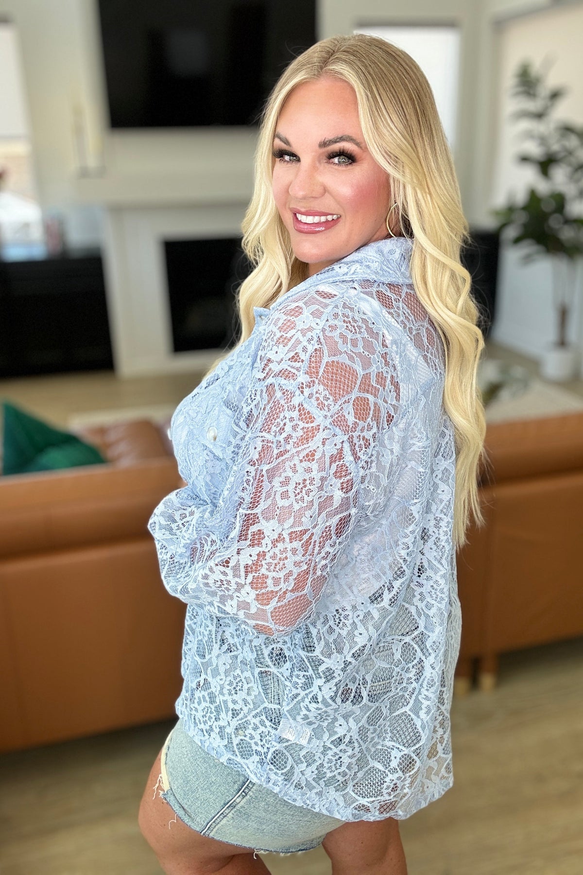 Stick Together Lace Button Up in Light Blue-Layers-Villari Chic, women's online fashion boutique in Severna, Maryland