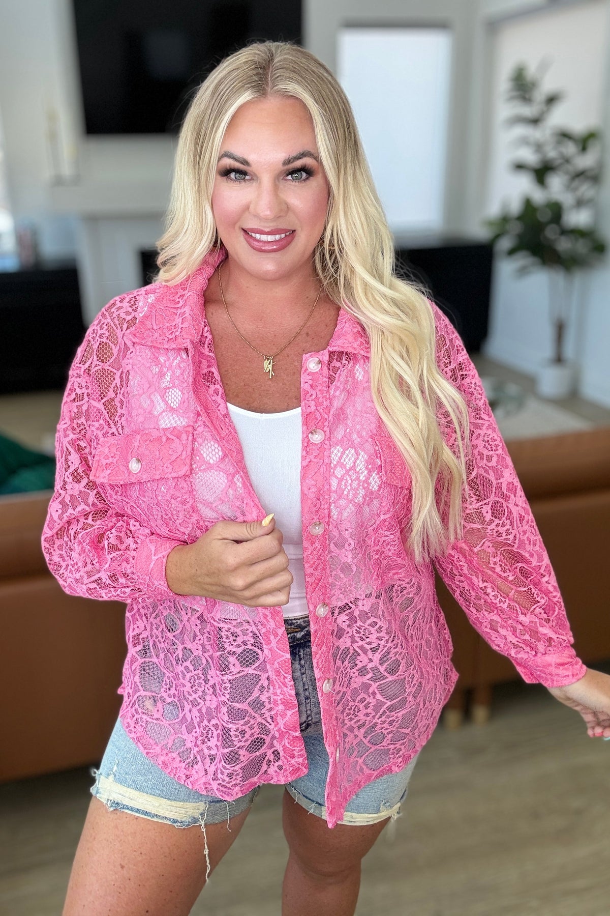 Stick Together Lace Button Up in Pink Cosmos-Layers-Villari Chic, women's online fashion boutique in Severna, Maryland