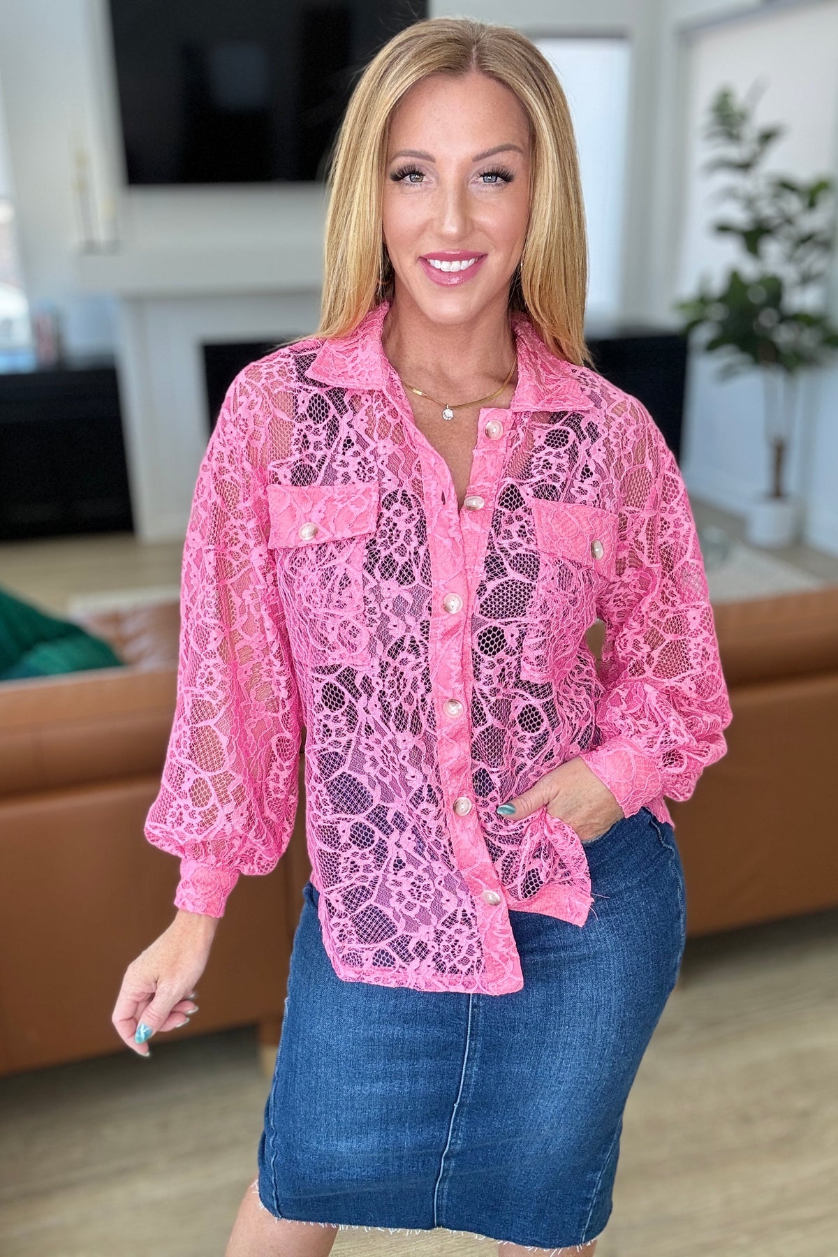 Stick Together Lace Button Up in Pink Cosmos-Layers-Villari Chic, women's online fashion boutique in Severna, Maryland