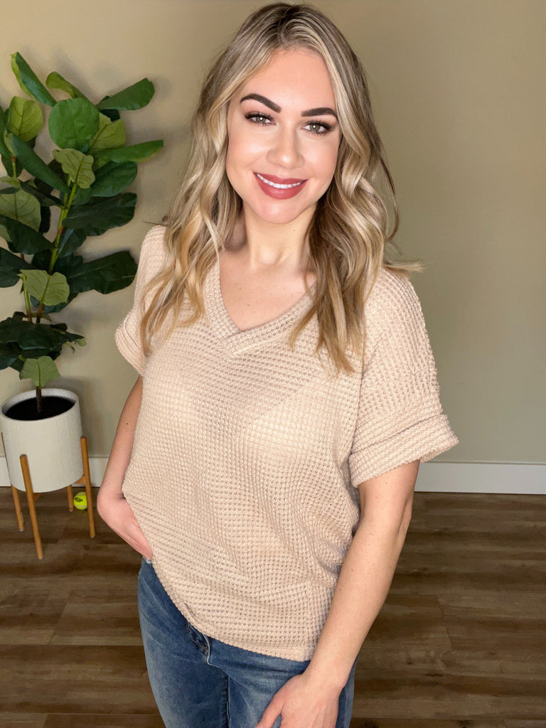 V Neck Waffle Knit Top in Nude-Villari Chic, women's online fashion boutique in Severna, Maryland