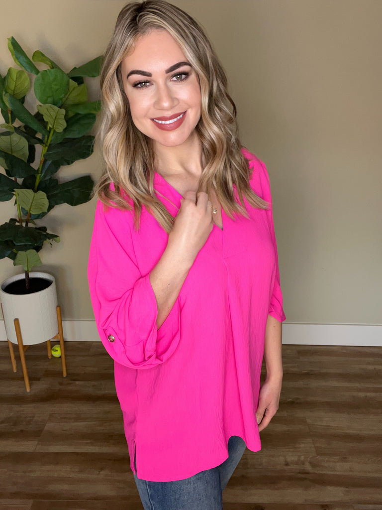 Pleated Blouse with Button Sleeve Detail in Hot Pink-Villari Chic, women's online fashion boutique in Severna, Maryland