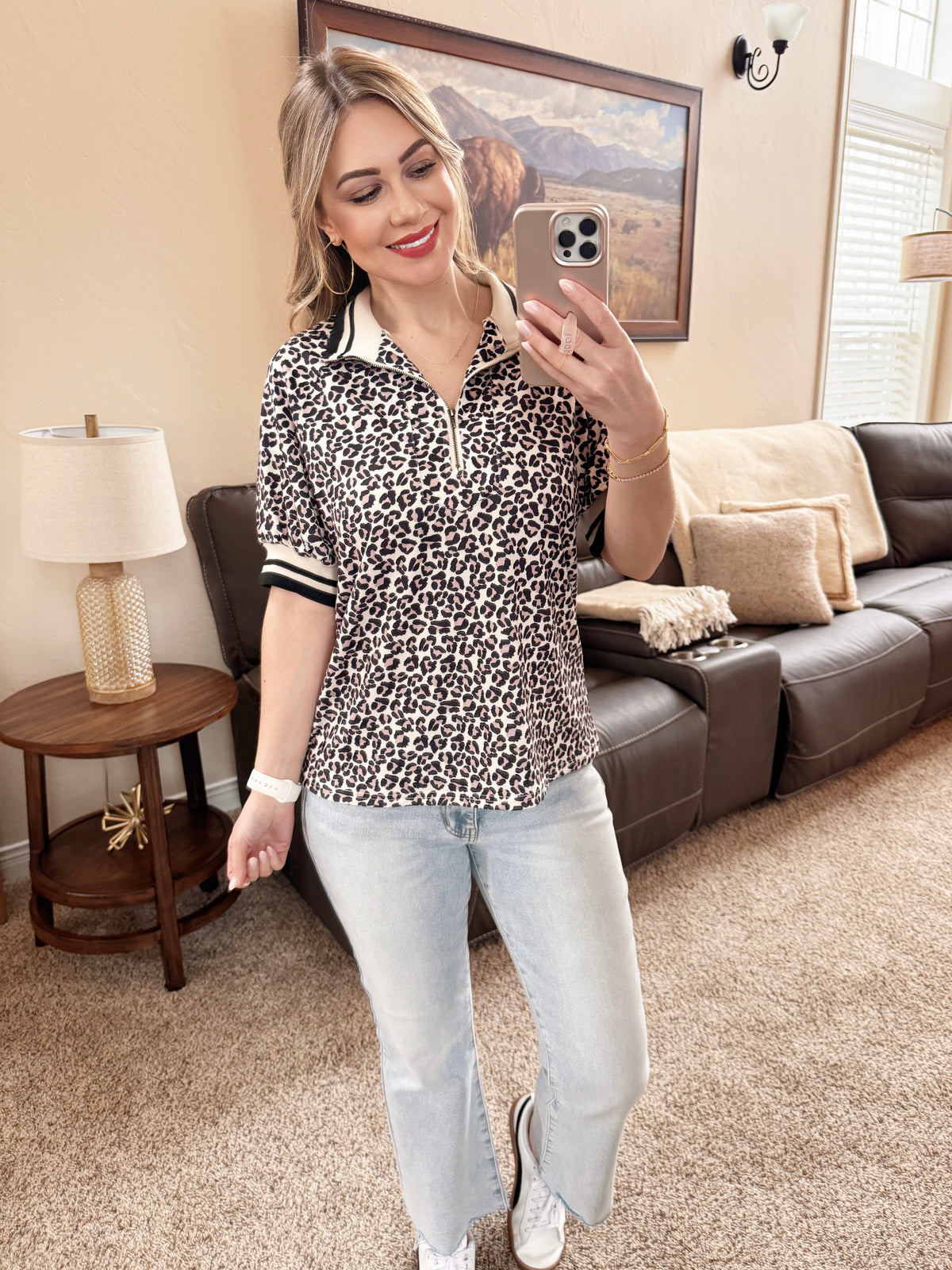Collared Leopard Top With Zipper-Villari Chic, women's online fashion boutique in Severna, Maryland