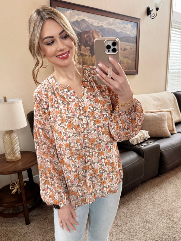 Pink & Orange Floral Button Down Blouse-Villari Chic, women's online fashion boutique in Severna, Maryland