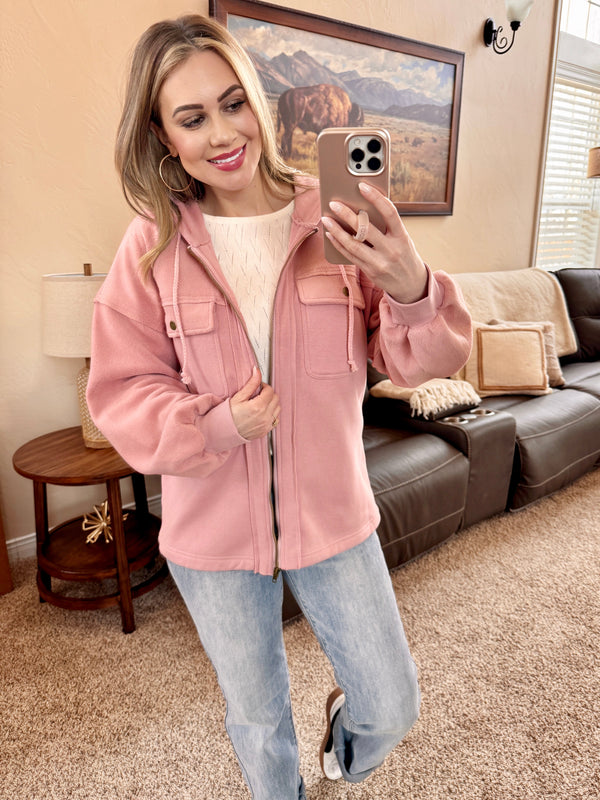Fleece Sweatshirt Jacket In Rose-Villari Chic, women's online fashion boutique in Severna, Maryland
