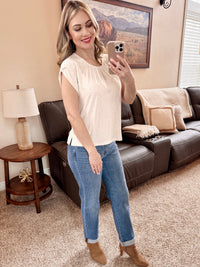 Oatmeal Top With Sleeve Detail & Ruched Front-Villari Chic, women's online fashion boutique in Severna, Maryland