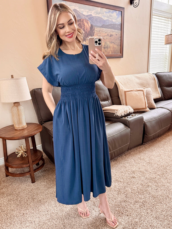 Deep Blue Short Sleeve Midi Dress-Villari Chic, women's online fashion boutique in Severna, Maryland