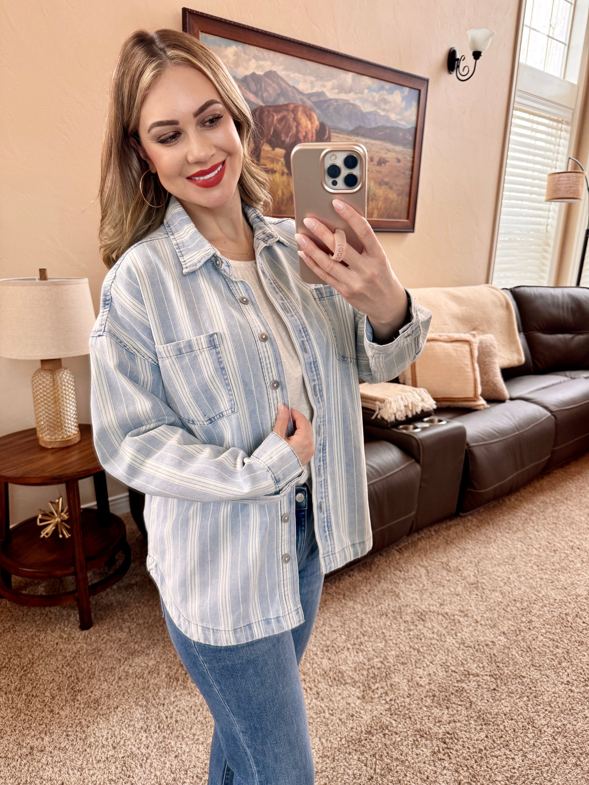 Pin Stripe Denim Shacket In Light Wash & White-Villari Chic, women's online fashion boutique in Severna, Maryland