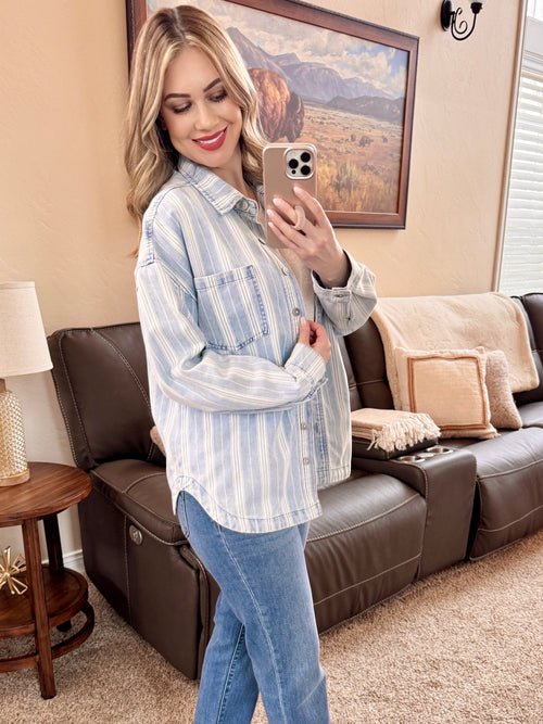 Pin Stripe Denim Shacket In Light Wash & White-Villari Chic, women's online fashion boutique in Severna, Maryland