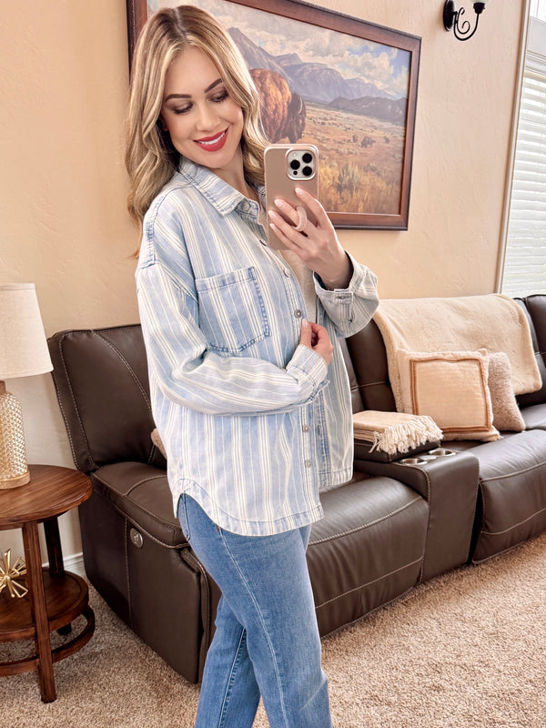 Pin Stripe Denim Shacket In Light Wash & White-Villari Chic, women's online fashion boutique in Severna, Maryland
