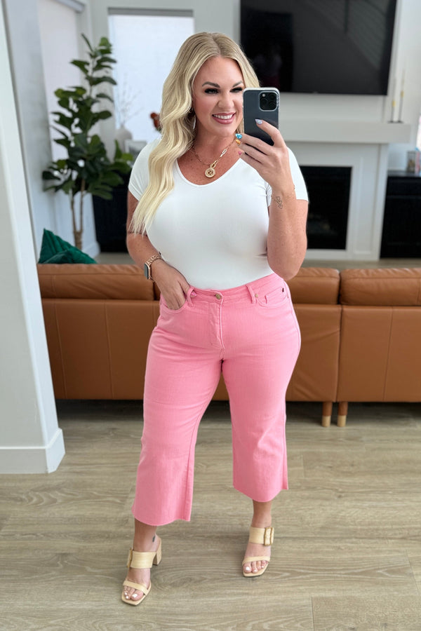 Judy Blue Tummy Control Wide Leg Crop Jeans in Pink-Denim-Villari Chic, women's online fashion boutique in Severna, Maryland