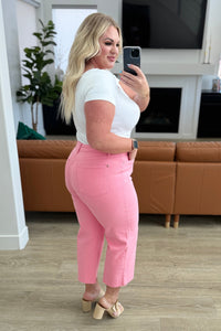 Judy Blue Tummy Control Wide Leg Crop Jeans in Pink-Denim-Villari Chic, women's online fashion boutique in Severna, Maryland