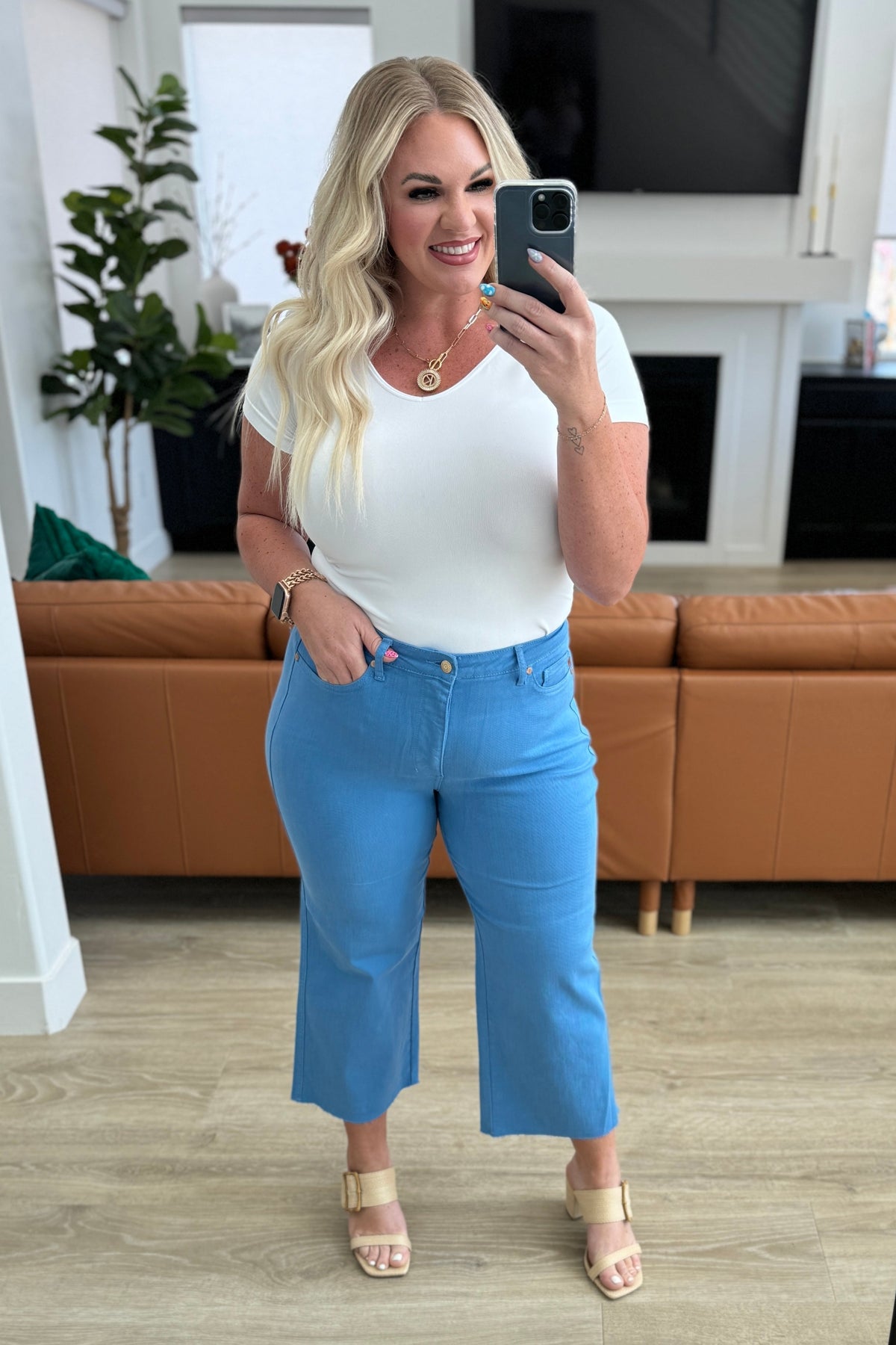 Judy Blue Tummy Control Wide Leg Crop Jeans in Sky Blue-Denim-Villari Chic, women's online fashion boutique in Severna, Maryland