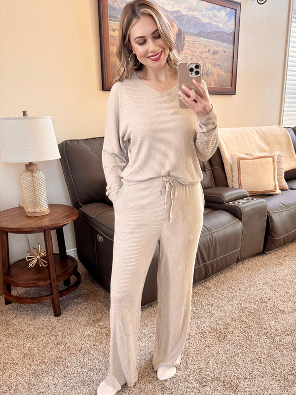 Cozy Brushed Lounge Set In Natural Beige-Villari Chic, women's online fashion boutique in Severna, Maryland
