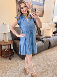 Tencel Ruffle Denim Dress-Villari Chic, women's online fashion boutique in Severna, Maryland