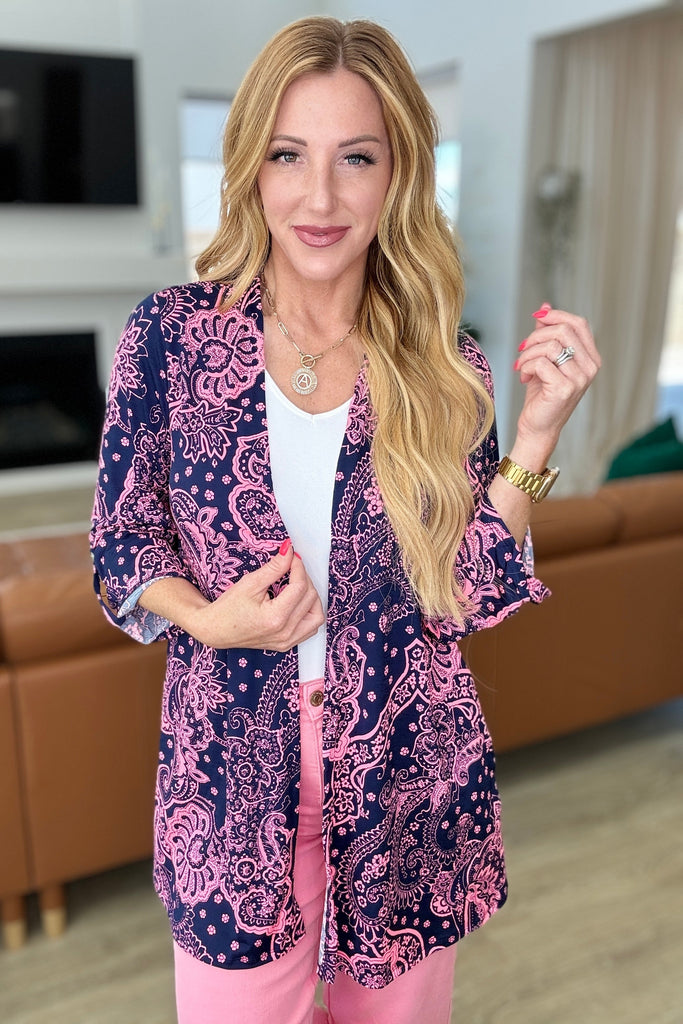 Lizzy Cardigan in Navy & Pink Paisley-Layers-Villari Chic, women's online fashion boutique in Severna, Maryland