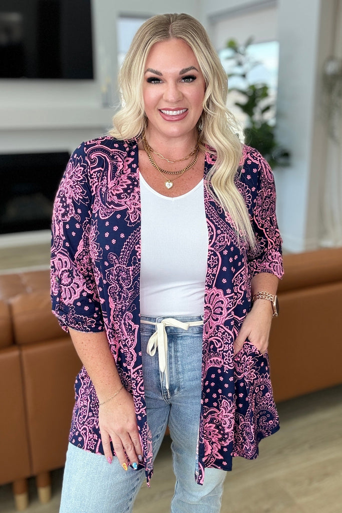 Lizzy Cardigan in Navy & Pink Paisley-Layers-Villari Chic, women's online fashion boutique in Severna, Maryland