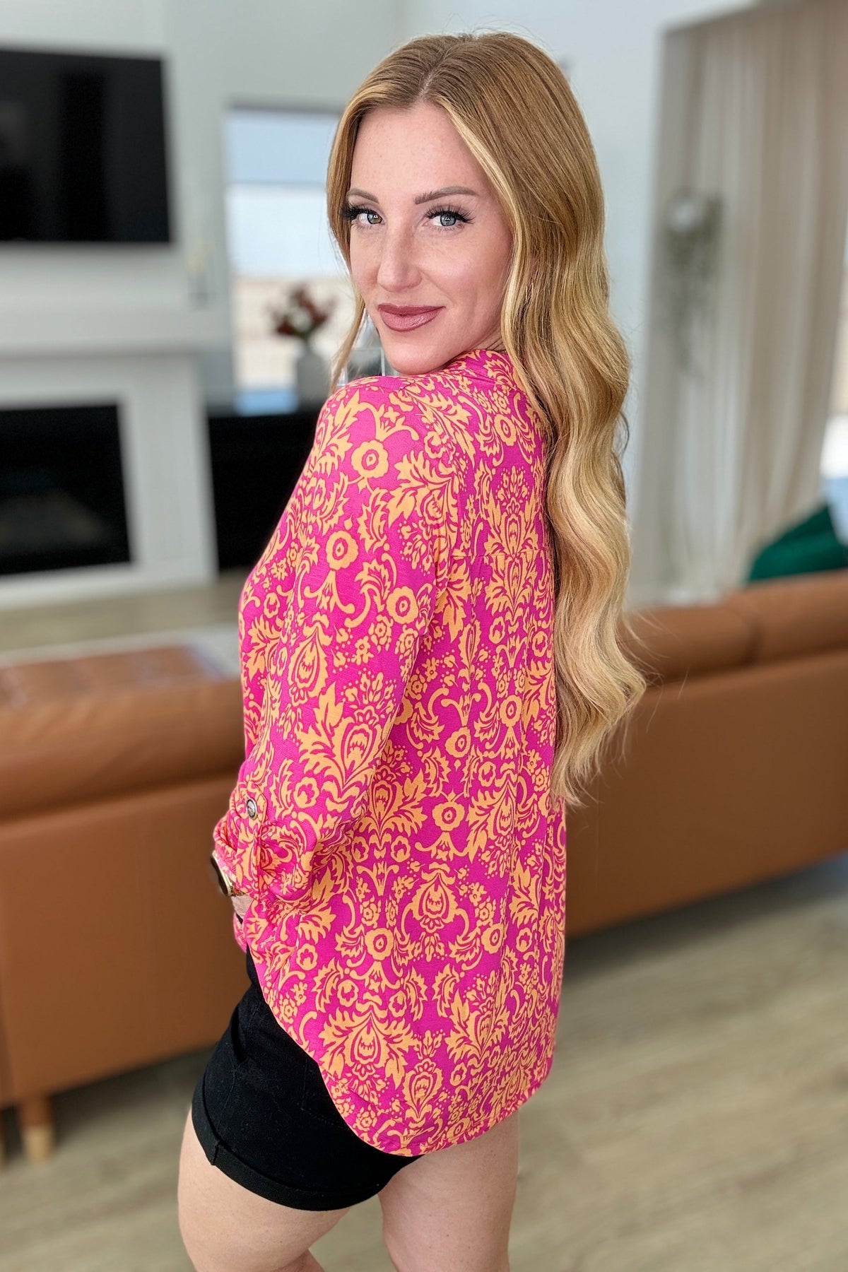 Lizzy Top in Hot Pink & Tangerine Damask-Tops-Villari Chic, women's online fashion boutique in Severna, Maryland