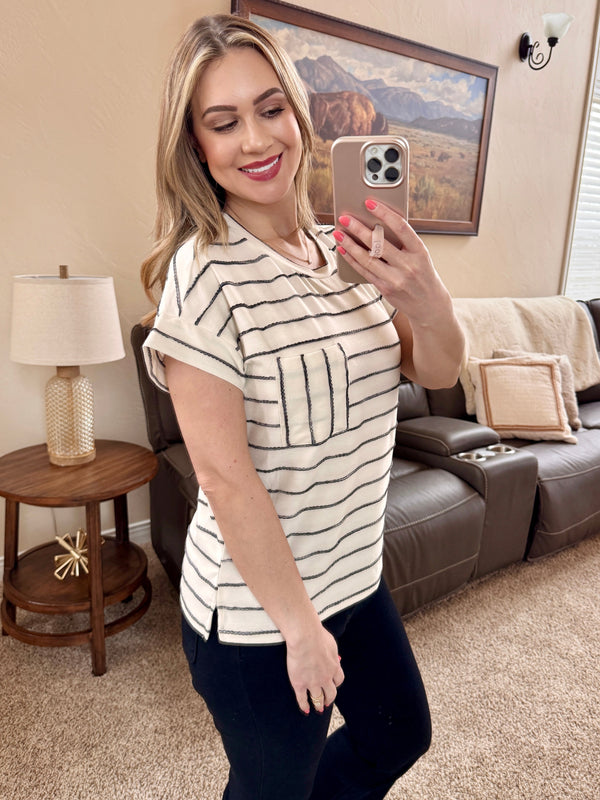 Ivory and Black Striped Ribbon Knit Top-Villari Chic, women's online fashion boutique in Severna, Maryland
