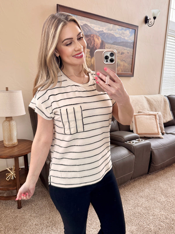 Ivory and Black Striped Ribbon Knit Top-Villari Chic, women's online fashion boutique in Severna, Maryland
