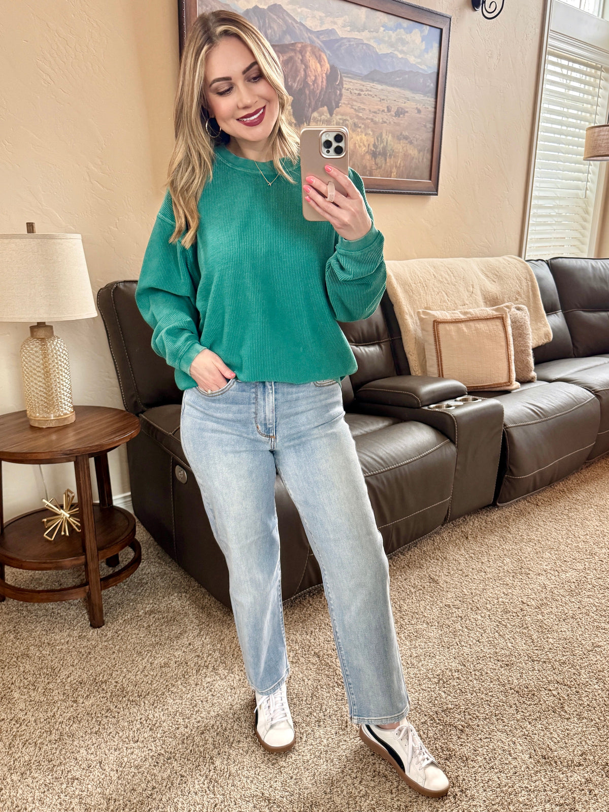 Luxe Corded Crewneck in Teal-Villari Chic, women's online fashion boutique in Severna, Maryland