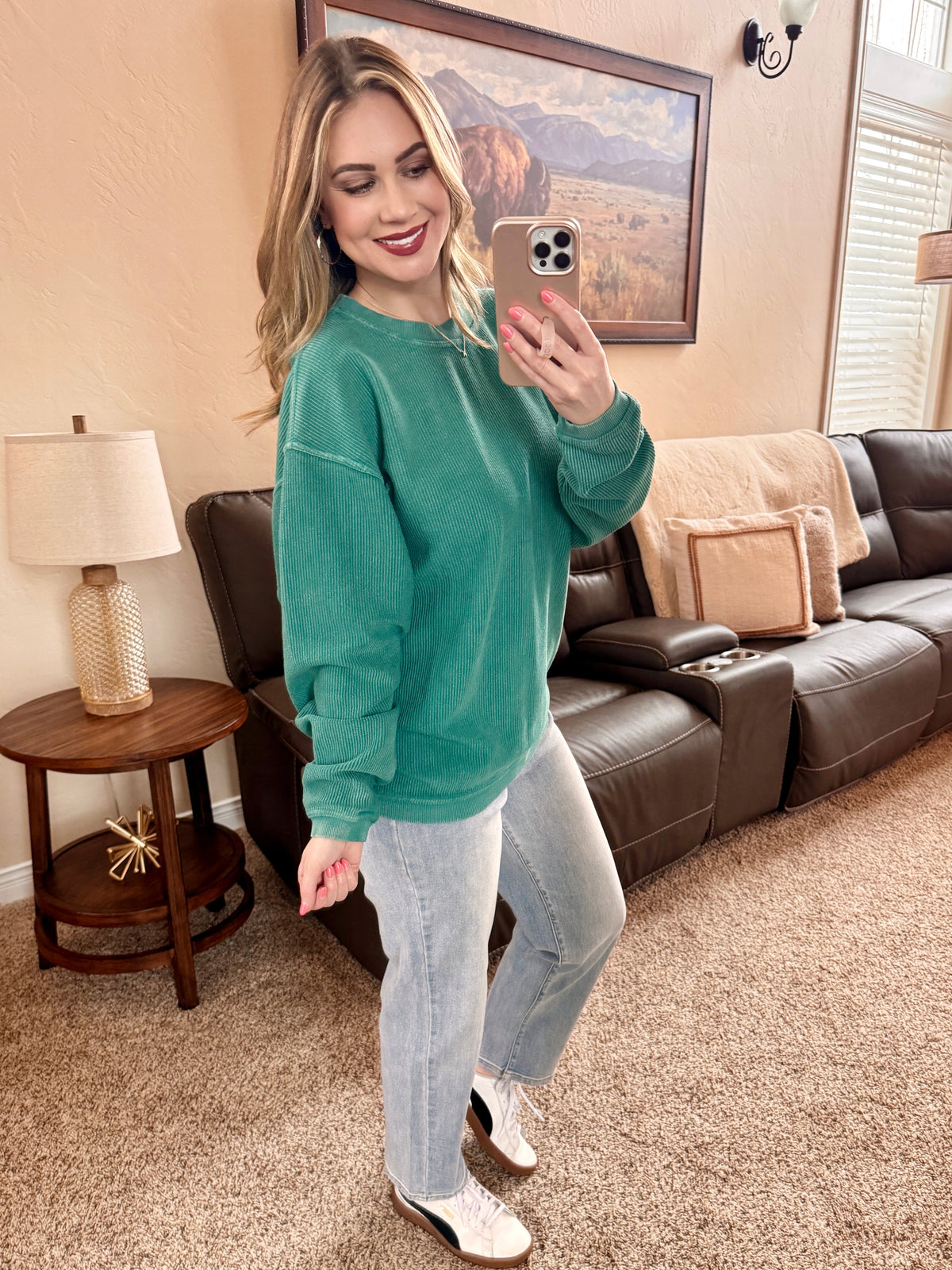 Luxe Corded Crewneck in Teal-Villari Chic, women's online fashion boutique in Severna, Maryland